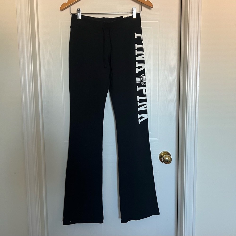 BNWT PINK Victoria's Secret Black Flare Pants with White Lettering